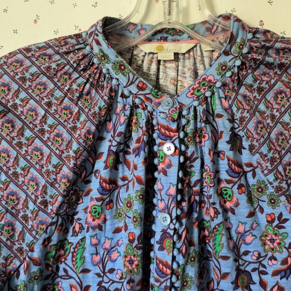 Boden Top Size 6 Blue Paisley Floral Mixed Prints Button-Up Bobble Trim Cotton - Picture 3 of 16